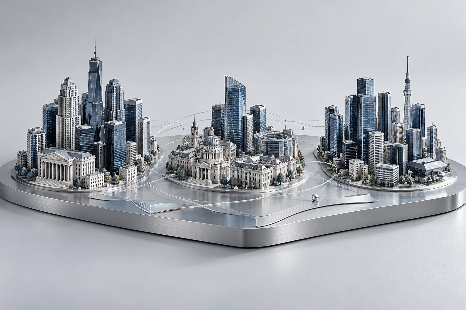 Three-dimensional illustration representing US, European and Japanese financial centres on a silver platform.