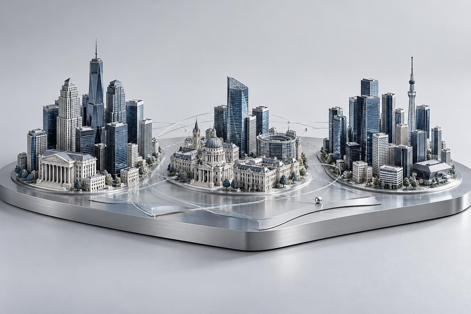 Three-dimensional illustration representing US, European and Japanese financial centres on a silver platform.