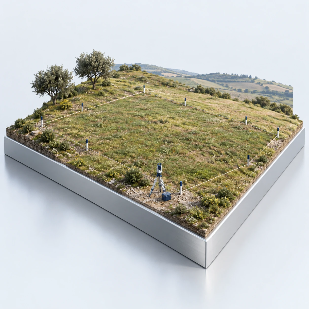 Illustrative model of marked vacant land and a surveying device.