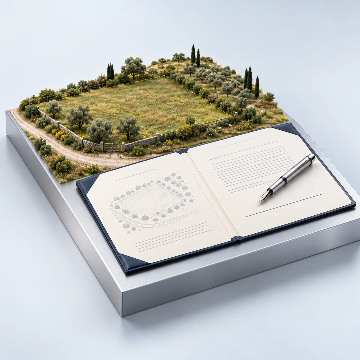 Illustrative land model, preliminary agreement folder and pen.