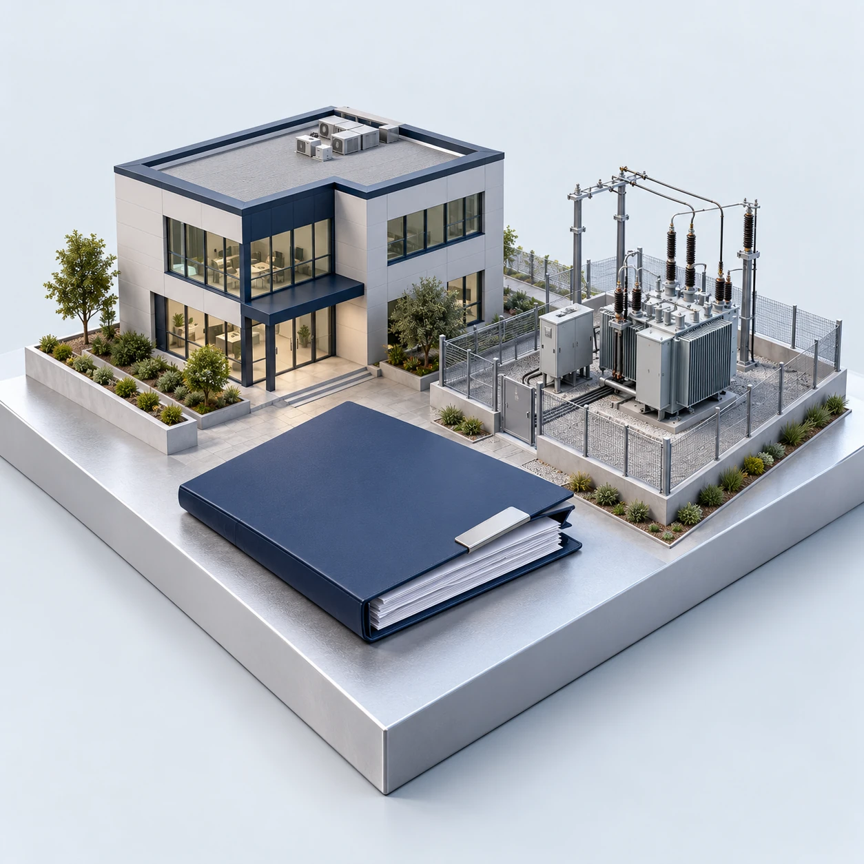 Illustrative distribution company building, transformer and application folder.