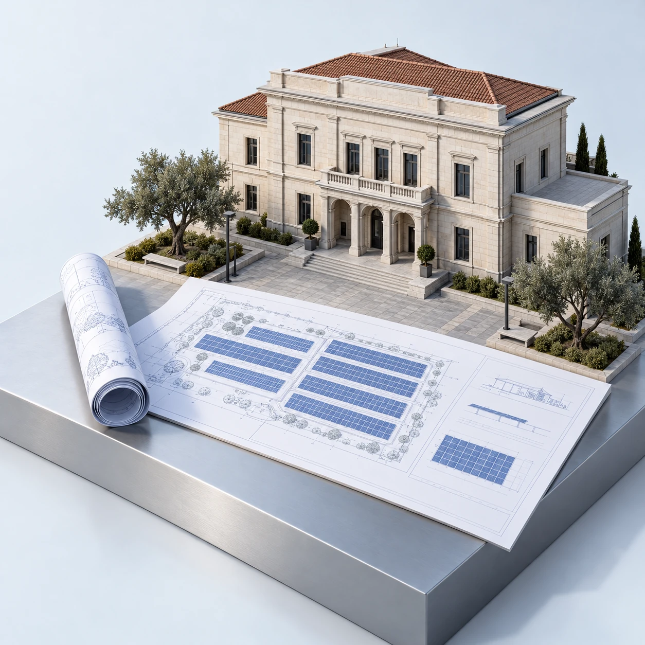 Illustrative solar project plans and folders in front of an authority building.