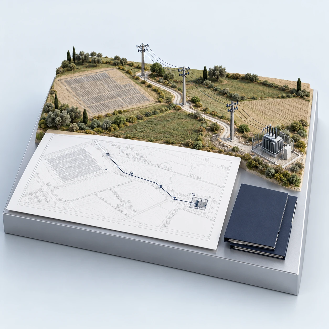 Illustrative electrical plans, connection-line route and utility poles.