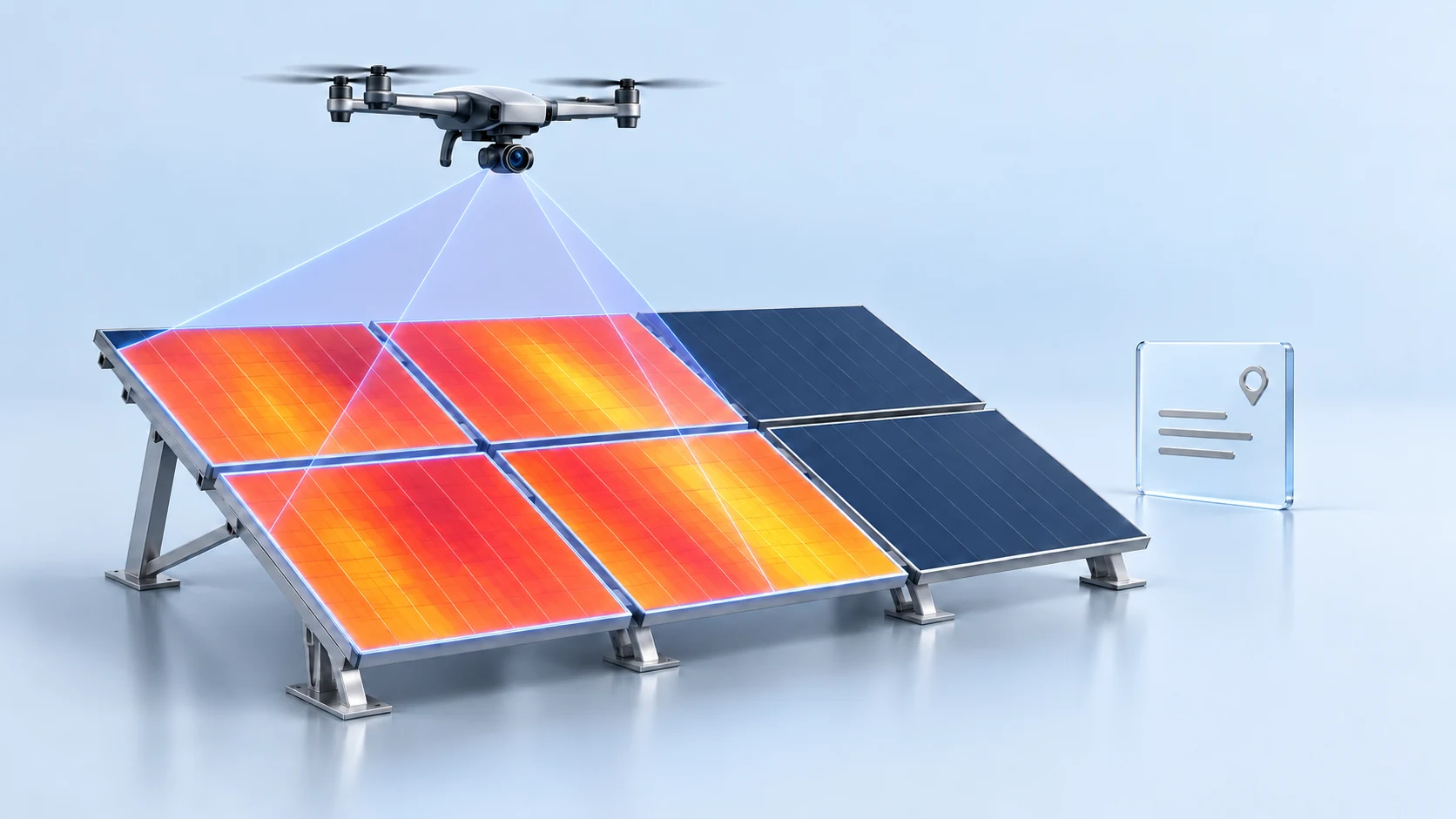 Conceptual 3D illustration of thermal drone inspection above solar panels, with a red-orange scan area and a report symbol.